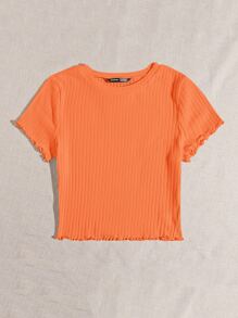 SHEIN EZwear Solid Lettuce Trim Rib-knit Tee - Orange - View 3