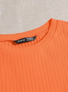 SHEIN EZwear Solid Lettuce Trim Rib-knit Tee - Orange - View 4
