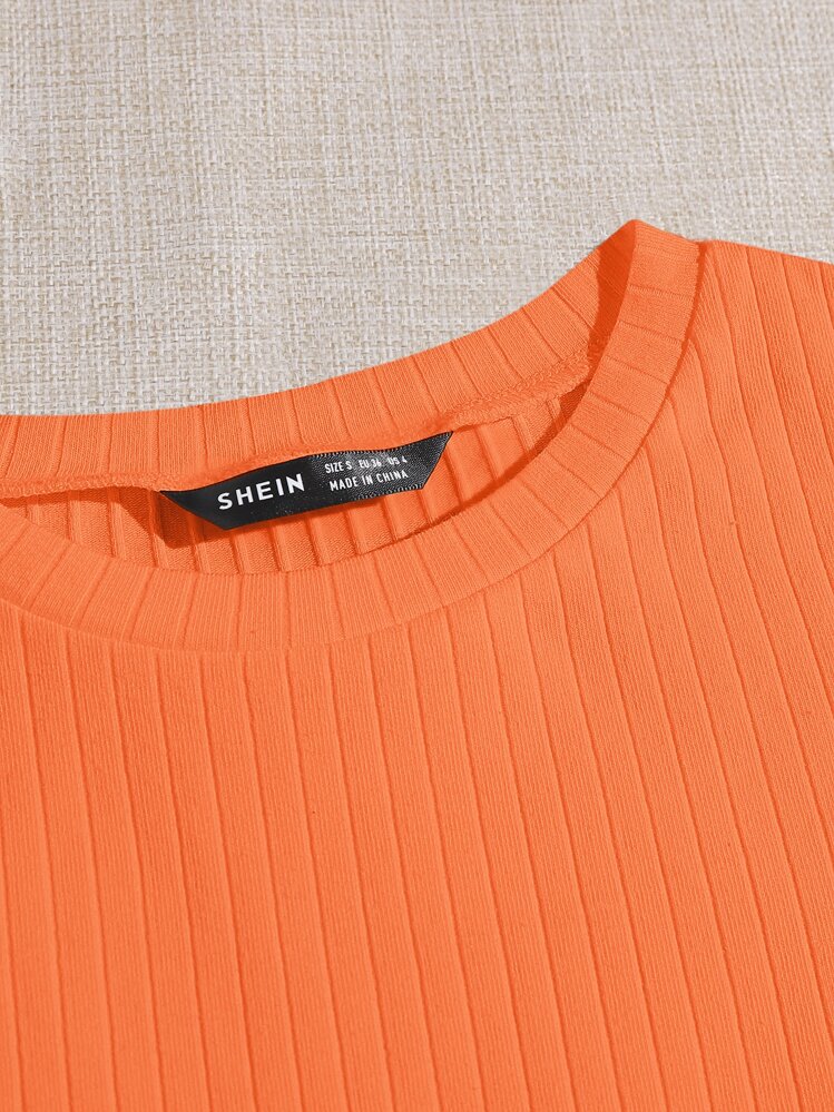 SHEIN EZwear Solid Lettuce Trim Rib-knit Tee - Orange - View 4