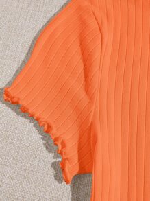 SHEIN EZwear Solid Lettuce Trim Rib-knit Tee - Orange - View 5