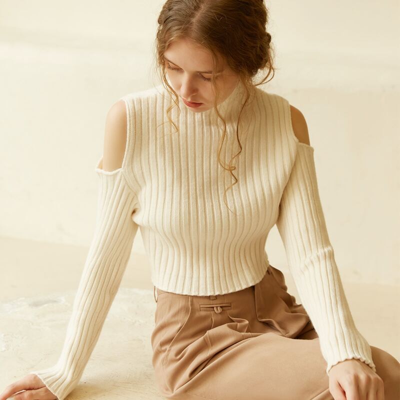

Cold Shoulder Rib-knit Sweater, Beige
