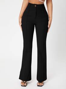 SHEIN PETITE Zipper Fly Seam Front Split Hem Flare Leg Trousers - Black - View 4