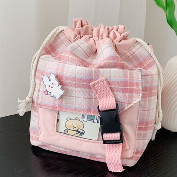 

Cartoon Decor Plaid Pattern Drawstring Bag, Pink