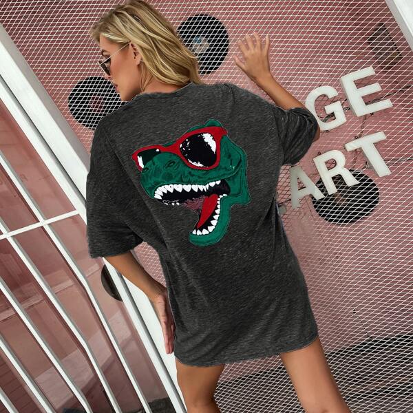 

Dinosaur Print Drop Shoulder Oversized Tee, Dark grey