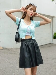 DAZY Elastic Waist PU A-Line Skirt Fall Skirts - Black - View 5