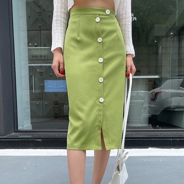 Solid Button Front Skirt, Olive green