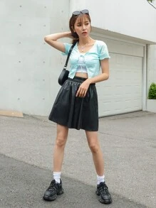 DAZY Elastic Waist PU A-Line Skirt Fall Skirts - Black - View 7