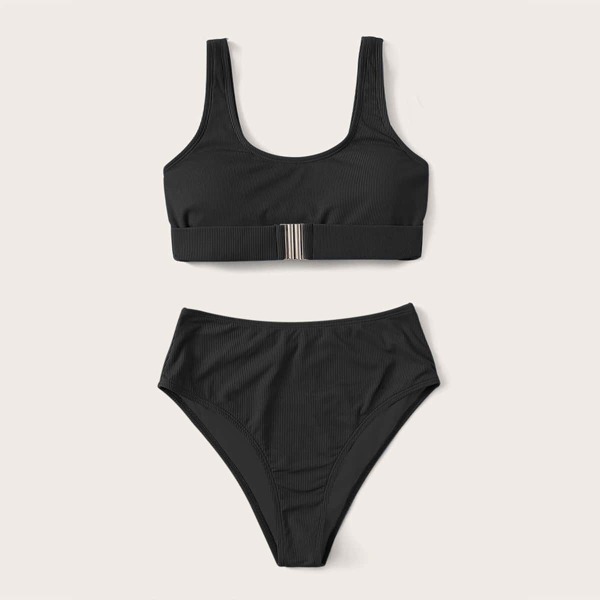 

Rib High Waisted Bikini Swimsuit, Black