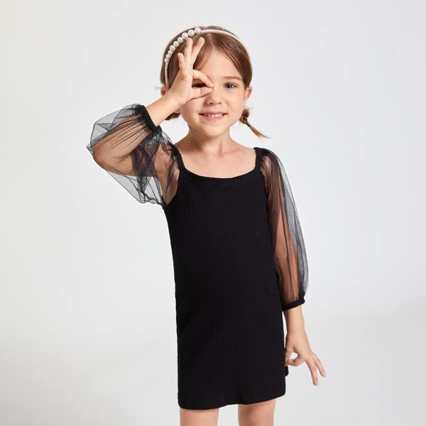 

Toddler Girls Mesh Lantern Sleeve Dress, Black