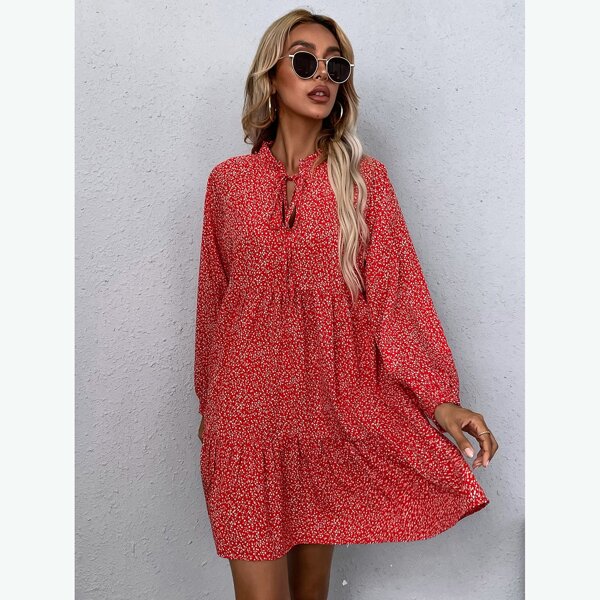 

Ditsy Floral Tie Neck Ruffle Hem Smock Dress, Multicolor