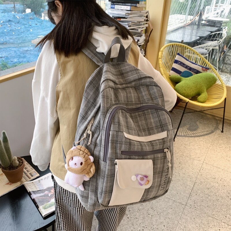 

Plaid Pattern Functional Backpack With Bag Charm, Dark grey