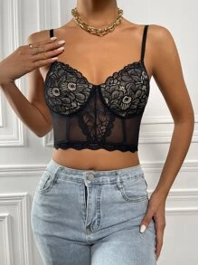 Crop Lace Bustier Cami Top - Black - View 7