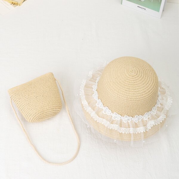 

Girls Straw Bag With Applique Decor Straw Hat, Beige