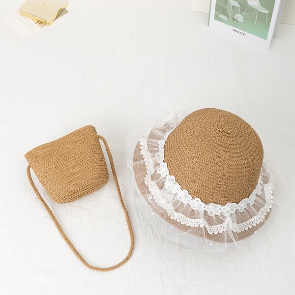 

Girls Straw Bag With Applique Decor Straw Hat, Coffee brown