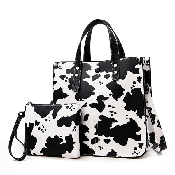 

Cow Pattern Tote Bag With Wristlet Bag, Black and white