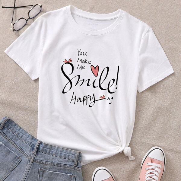 

Slogan And Heart Print Tee, White