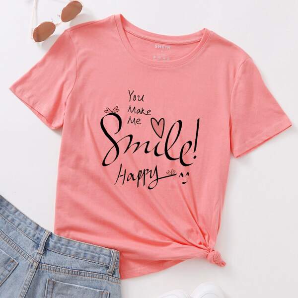 

Slogan And Heart Print Tee, Watermelon pink