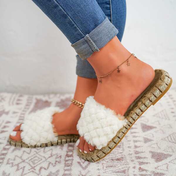 

Minimalist Fluffy Espadrille Sandals, White