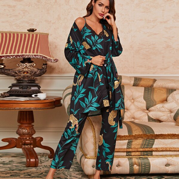 

3pcs Leaf And Leopard Print Lace Detail Night Set, Multicolor