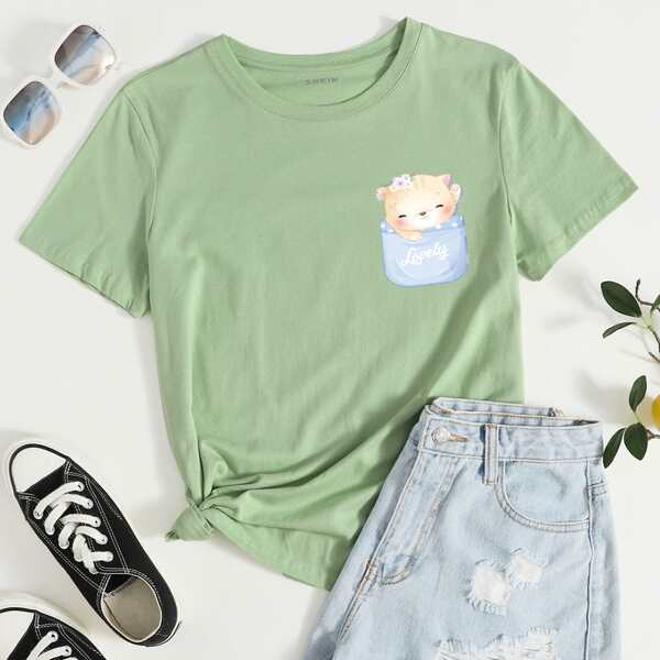 

Cartoon Cat And Letter Graphic Tee, Mint green
