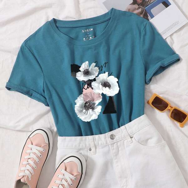 

Floral Print Crew Neck Tee, Blue