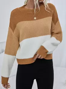 Chiquease Áo len cổ trễ phối màu, tay dài, kiểu dáng chui đầu, thích hợp cho mùa thu đông. - Nhiều màu - Xem 7