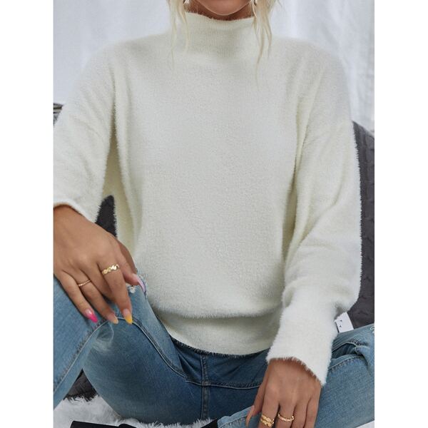 

Turtleneck Fluffy Knit Drop Shoulder Sweater, Beige