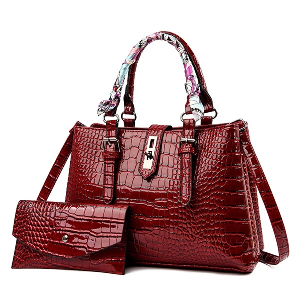 

Scarf Decor Croc Embossed Tote Bag Set, Burgundy