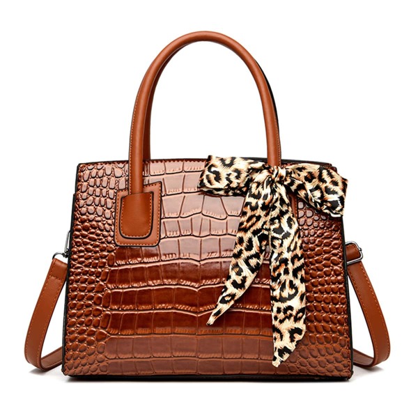 

Scarf Decor Croc Embossed Top Handle Bag, Brown