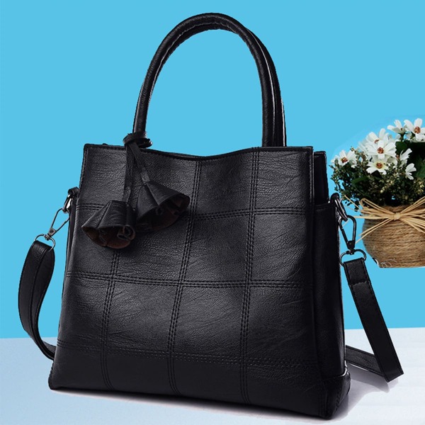 

Tassel Decor Stitch Trim Satchel Bag, Black