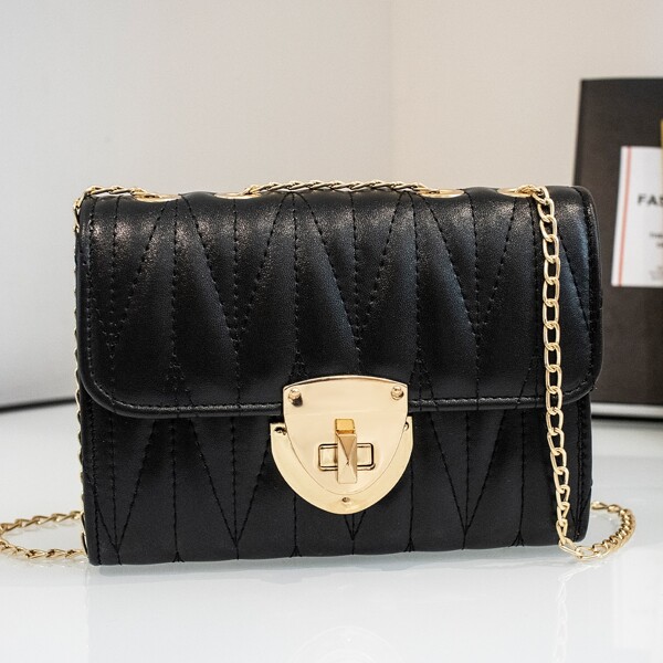 

Twist Lock Quilted Chain Shoulder Bag, Black