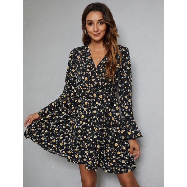 

Surplice Neck Floral Print Flounce Sleeve Belted A-Line Dress, Multicolor