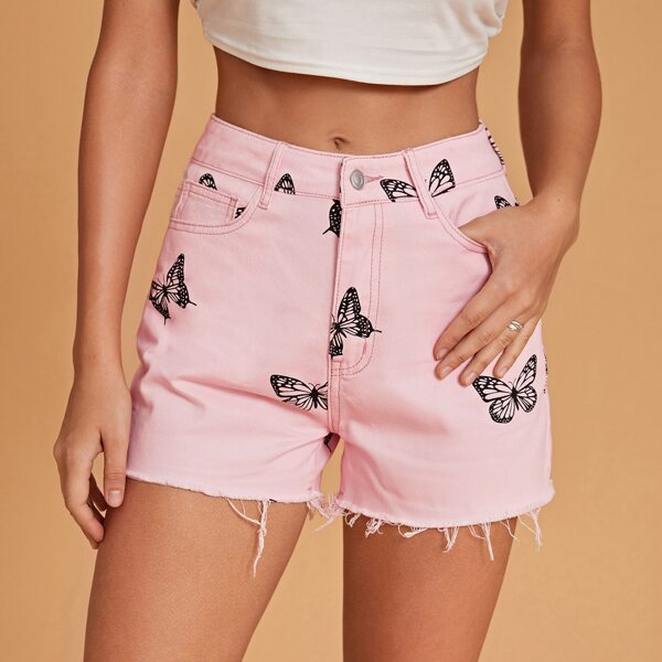 

Butterfly Print Raw Hem Denim Shorts, Baby pink