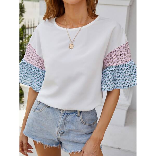 

Color Block Ditsy Floral Sleeve Blouse, White