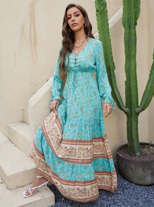 SHEIN Holidaya Floral Grommet Eyelets Lace Up Ruffle Hem Dress Maxi Vacation Beach Outfits Women Fall Cloth For Women - Mint Blue - View 4