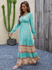 SHEIN Holidaya Floral Grommet Eyelets Lace Up Ruffle Hem Dress Maxi Vacation Beach Outfits Women Fall Cloth For Women - Mint Blue - View 5