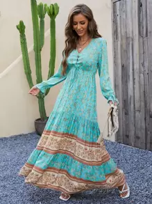 SHEIN Holidaya Floral Grommet Eyelets Lace Up Ruffle Hem Dress Maxi Vacation Beach Outfits Women Fall Cloth For Women - Mint Blue - View 6