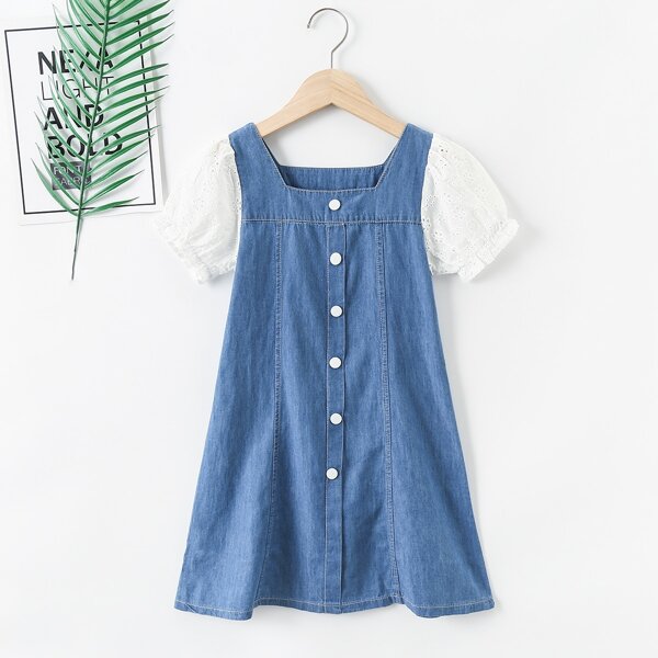 

Girls Contrast Schiffy Puff Sleeve Fake Button Denim Dress, Medium wash