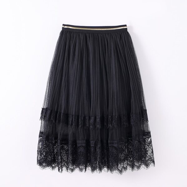 

Girls Striped Lace Panel Pleated Skirt, Black