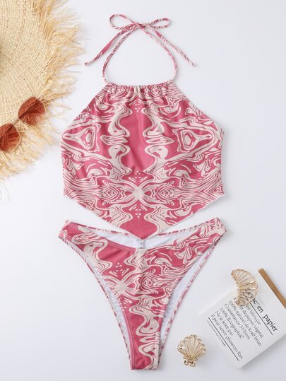 SHEIN Swim Summer Abstract Fluid Pattern Halter Bikini