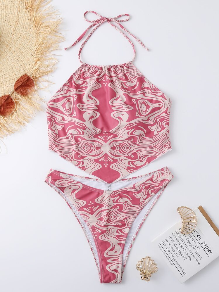 SHEIN Swim 夏季抽象流体图案吊带比基尼 - 彩色 - 查看 1