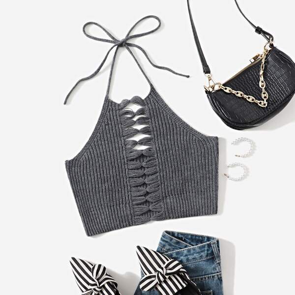 

Cut Out Front Ribbed Knit Halter Top, Grey
