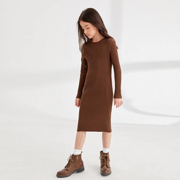 

Girls Rib-knit Bodycon Sweater Dress, Coffee brown