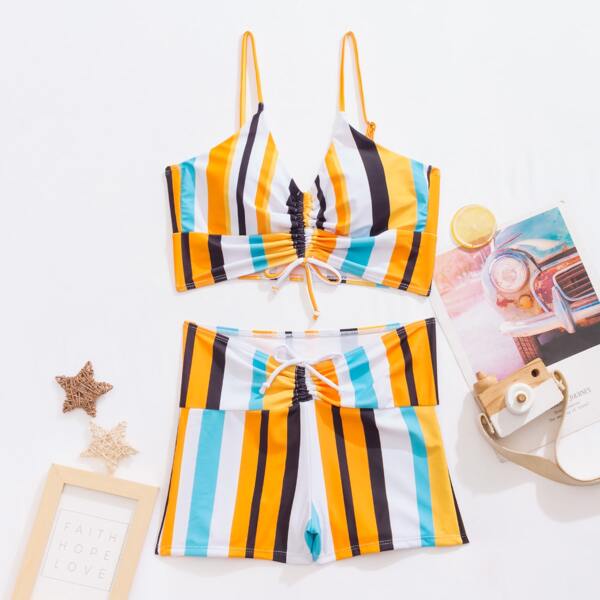 

Striped Drawstring Front Shorts Bikini Swimsuit, Multicolor