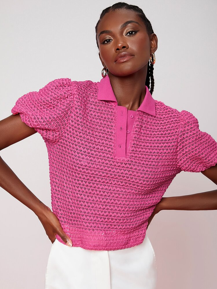 Penelope Ping 半排扣泡泡袖T恤 - 玫紅色 - 查看 4