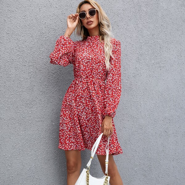 

Mock Neck Ditsy Floral A-line Dress, Red