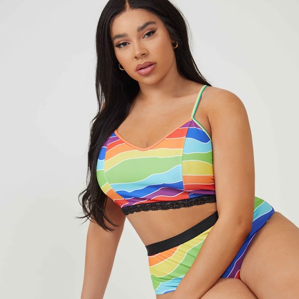

Plus Rainbow Striped Lace Trim Lingerie Set, Multicolor
