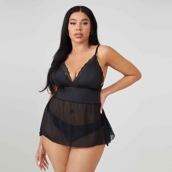 

Plus Contrast Mesh Slips Without Panty, Black