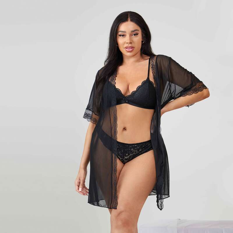 

Plus Sheer Mesh Robe With Thong Without Bra, Black