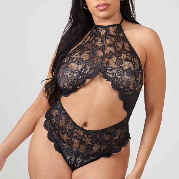 

Plus Floral Lace Cut-out Teddy Bodysuit, Black